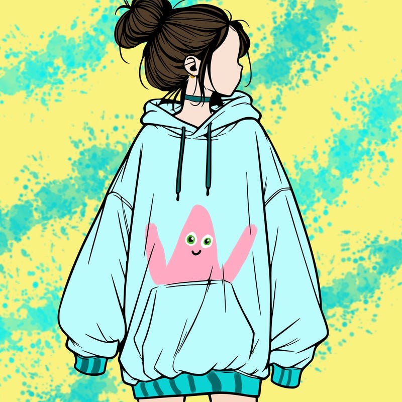 realistic girl with a oversized sweatshirt on and a bun