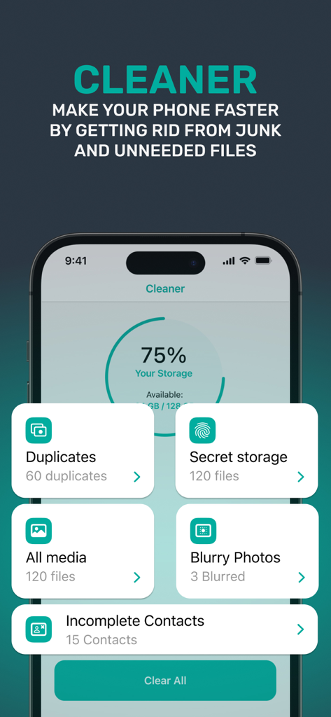 Online Shield - Fast VPN Proxy - The storage cleaner interface of the Online Shield app showing storage usage and categories for deleting duplicates and blurry photos