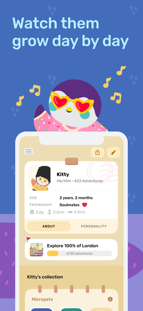 Finch: Self-Care Pet - Interfaz de la app de autocuidado Finch mostrando el perfil de una mascota finch, estadísticas de crecimiento y metas de aventura.