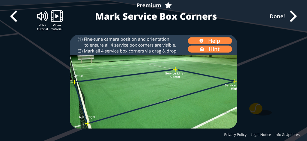 Tennis Serve Speed Tracker - Calibration screen for marking service box corners on a tennis court in the app