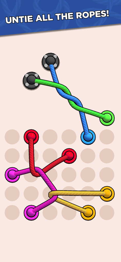 Twisted Ropes: Untangle 3D - A 3D mobile puzzle game interface showing colorful tangled ropes on a grid with the text Untie All The Ropes