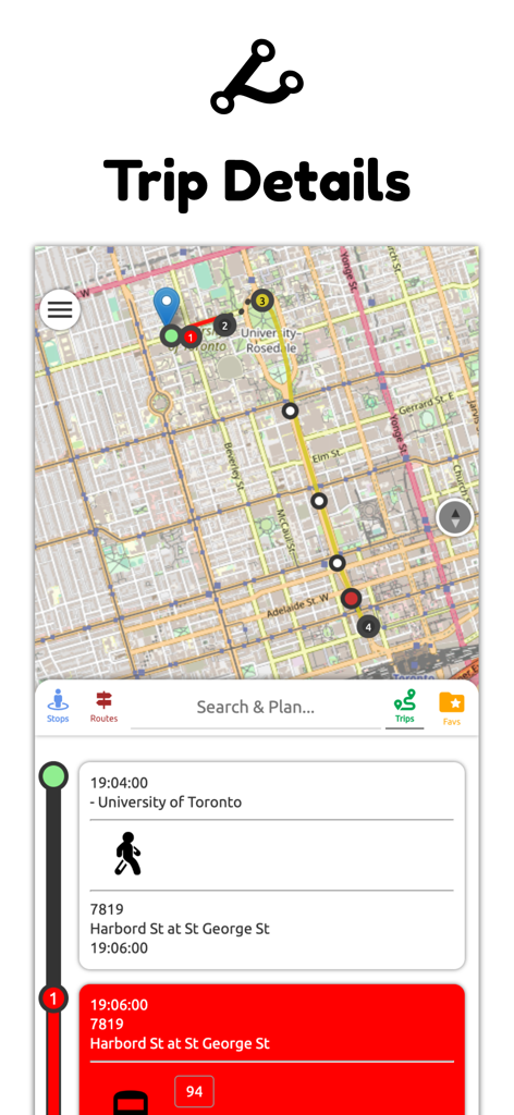 GTA Transit app trip details screen showing a Toronto map and route itinerary