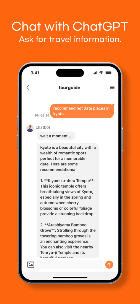 MaaltalkNow: AI Travel, eSIM - MaaltalkNow mobile app interface showing a chat with an AI travel assistant providing local recommendations for Kyoto