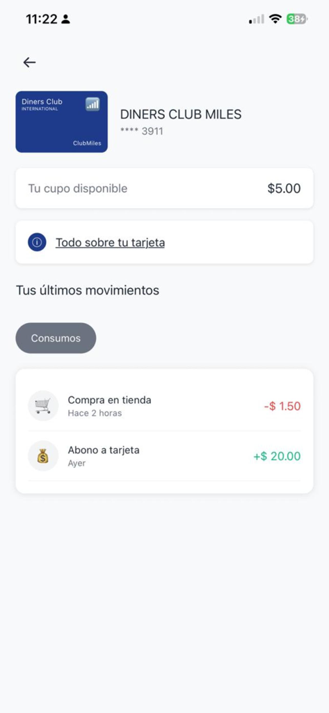 Mobile app screen showing Diners Club Miles credit card available balance and a list of recent transactions including a purchase and a payment.
