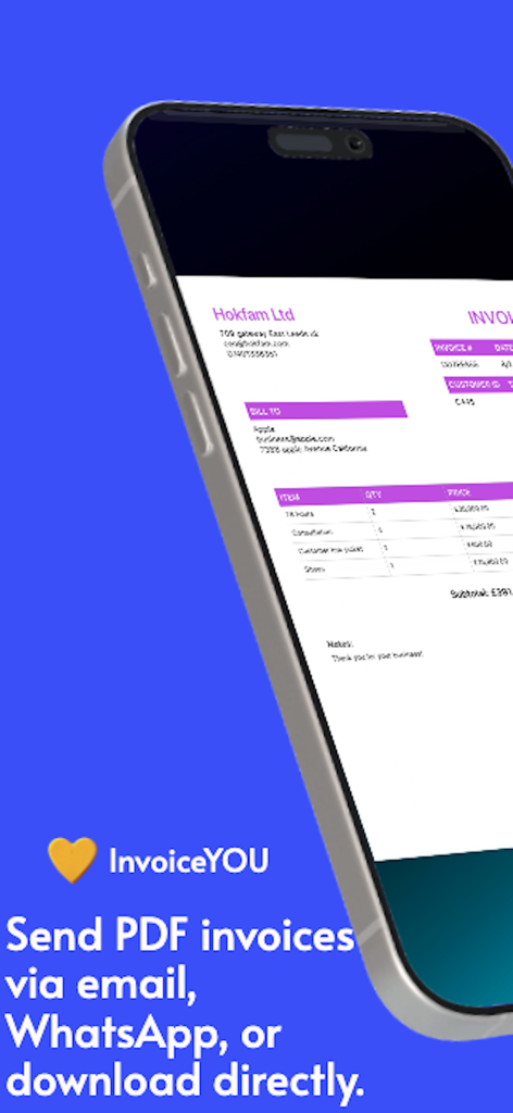 Smartphone screen displaying a professional PDF invoice with export and sharing options for email and WhatsApp.