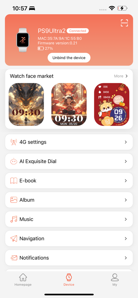 RDFit - Interfaccia dell'app RDFit che mostra lo stato dello smartwatch connesso e una galleria di quadranti disponibili nel mercato.