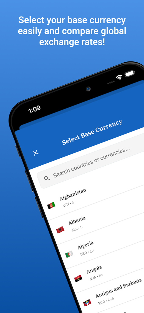A screen in the ForexCalculator app showing a search bar and a list of countries and currencies to select as a base rate.