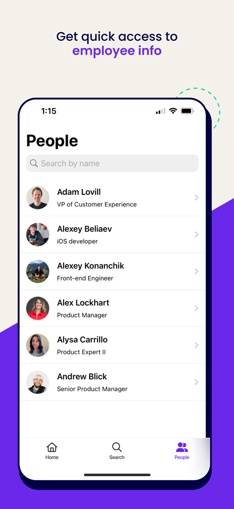 Trainual - Trainual app screenshot showing the employee directory with names titles and profile pictures