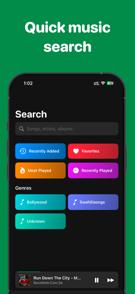 The search interface of the Offline Music Player app featuring a search bar and quick access tiles for favorites and recently played music