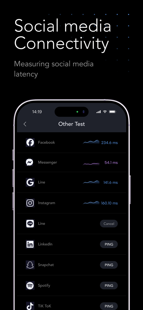 Social media connectivity and latency test results screen