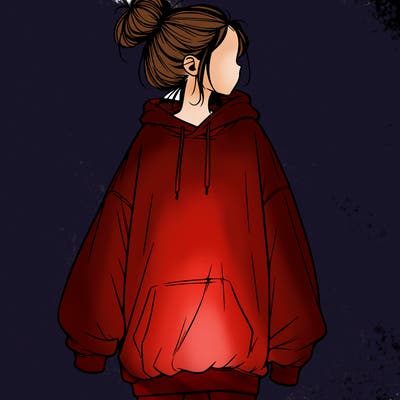 realistic girl with a oversized sweatshirt on and a bun