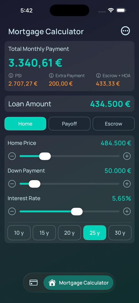 Mortgage calculator interface showing monthly payment breakdown and sliders for home price and interest rate