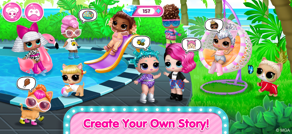 LOL Surprise dolls and pets playing at a tropical pool party with emoji speech bubbles