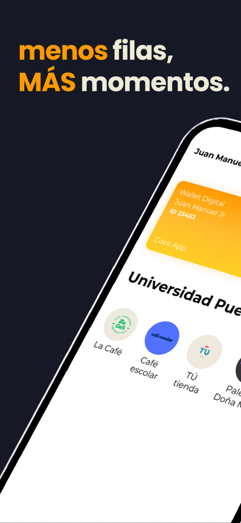 Coco APP - Schermata mobile di Coco APP che mostra un portafoglio digitale e opzioni di ristoranti locali per un ritiro veloce