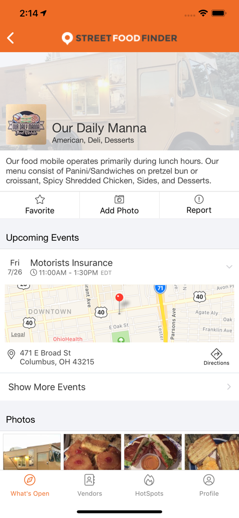 StreetFoodFinder - StreetFoodFinder app interface showing a food truck profile with a map of its upcoming lunch location in Columbus