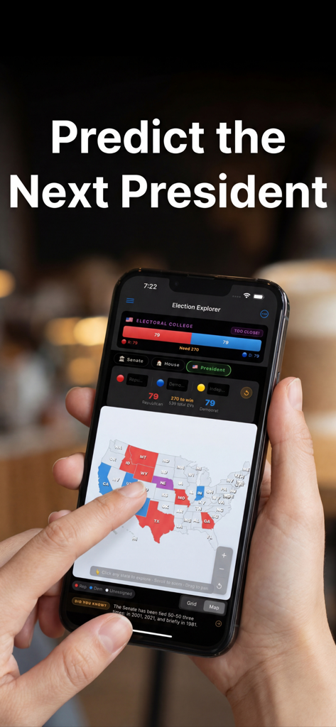 Election Explorer: 2026 Map - A person using the Election Explorer app to predict the next US president on an interactive map