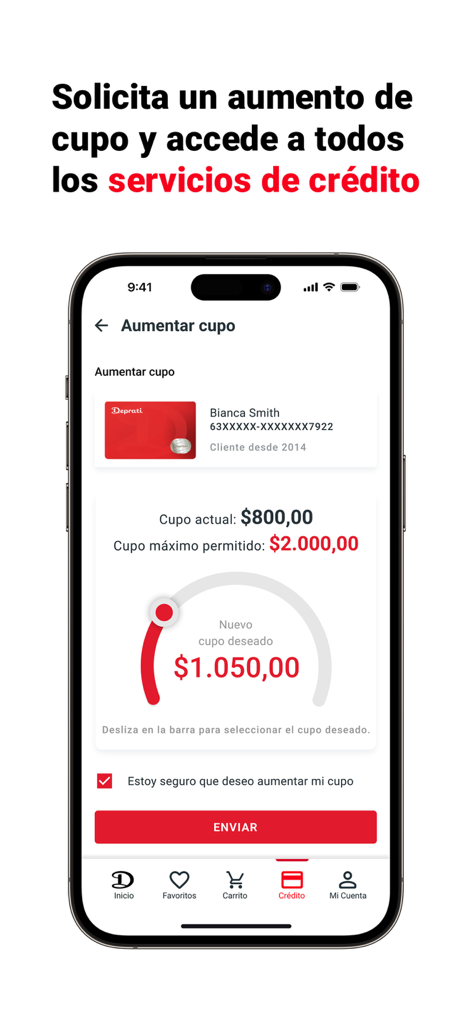 Deprati: Compras Online - Écran de l'application mobile Deprati montrant l'interface de demande d'augmentation de la limite de crédit
