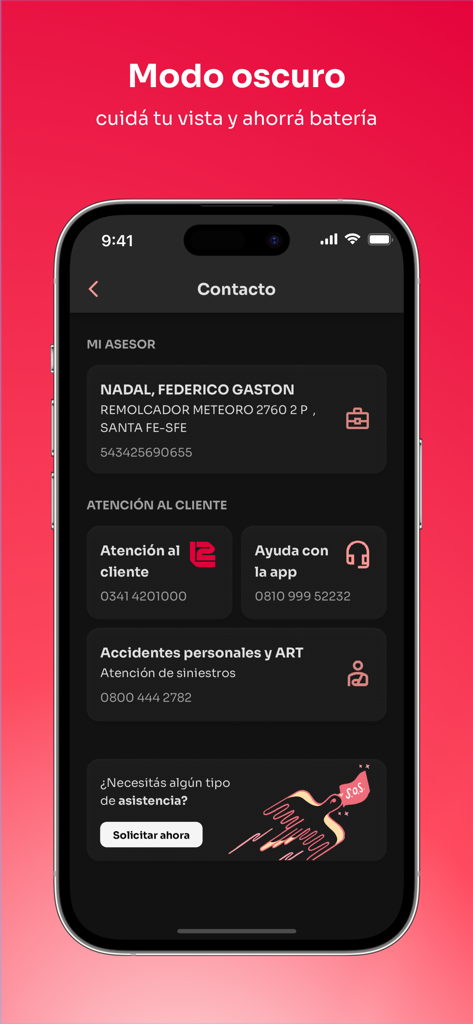 La Segunda Seguros - Pantalla de contacto de la aplicación La Segunda Seguros en modo oscuro que muestra información de asesores y soporte