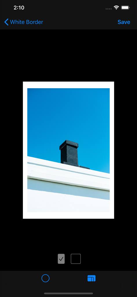 White Border app interface showing a photo with a clean white minimalist frame