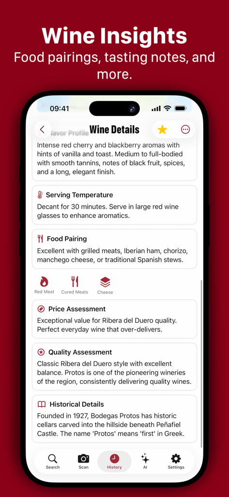 Wine AI app screen showing wine insights with food pairings and tasting notes
