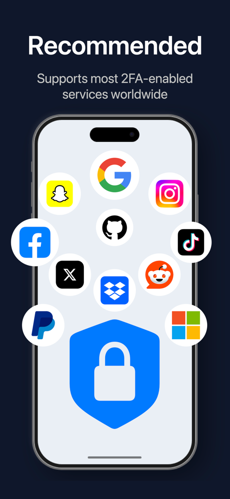Schermata dello smartphone che mostra la compatibilità di Authenticator App 2 con i principali servizi come Google, Instagram e Facebook