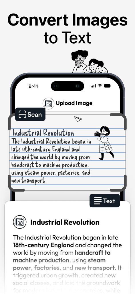 NoteShot: Photo Note to Notion - Interfaz de la aplicación NoteShot convirtiendo una nota manuscrita sobre la Revolución Industrial a texto digital usando tecnología OCR.