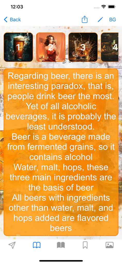 Uma tela educacional do aplicativo Wine Beer Cocktail Info descrevendo ingredientes de cerveja e história de fabricação.