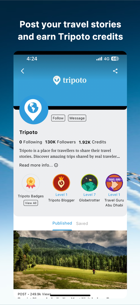 Tripoto app interface displaying a traveler profile with follower count, travel badges, earned credits, and published travel stories