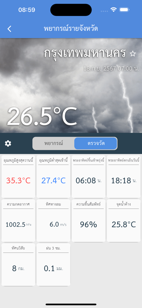 Thai Weather app displaying temperature and meteorological data for Bangkok
