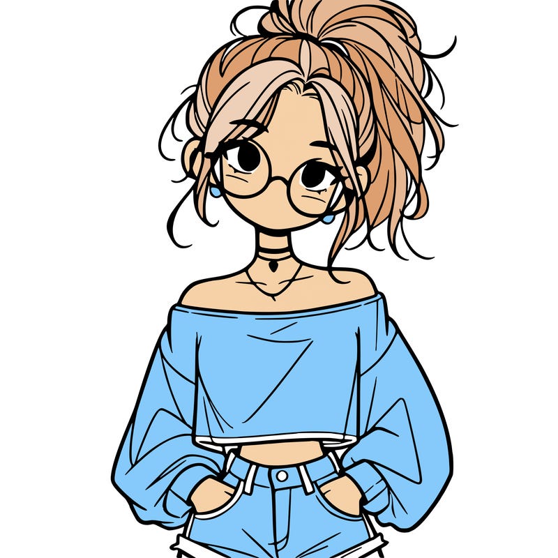 girl with a messy ponytail glasses a baggy crop top and jean shorts