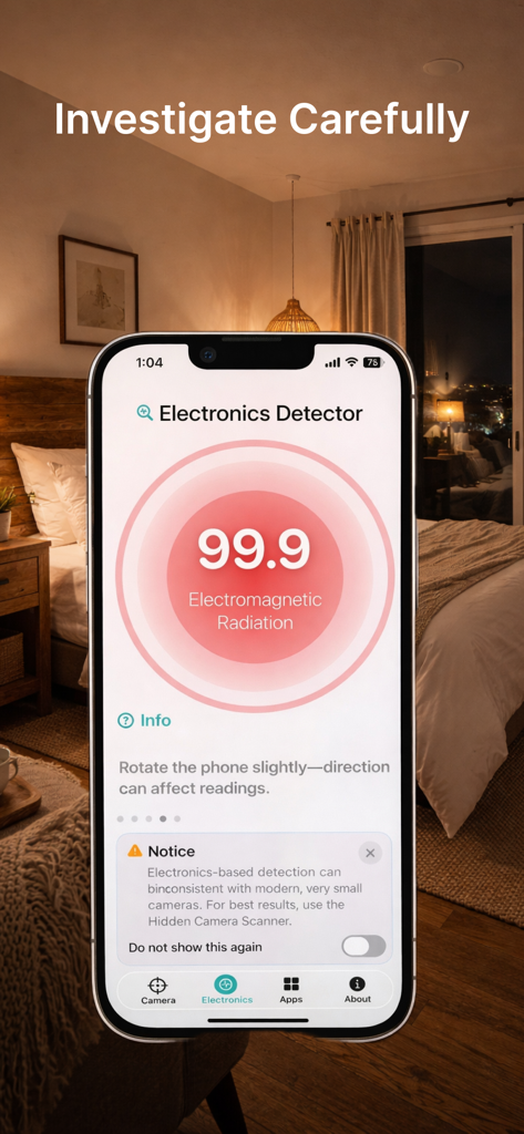 Electronics & Spy Cam Detector - Smartphone displaying electromagnetic radiation levels in a bedroom to detect hidden electronics