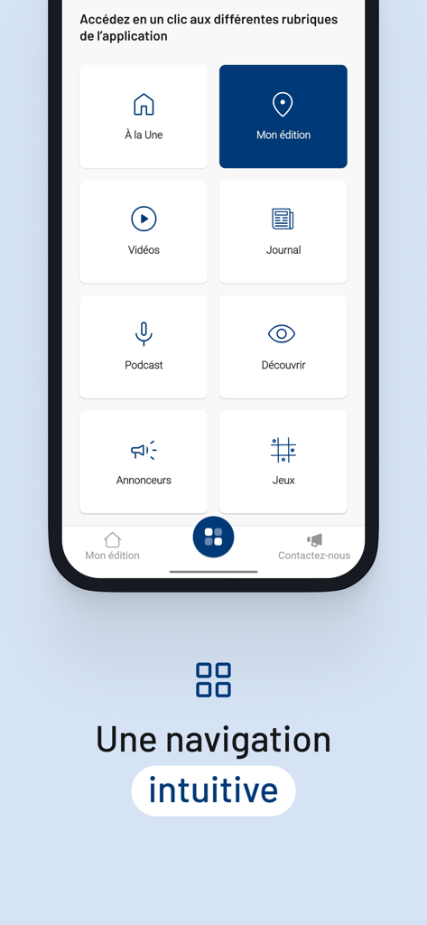 Le Messager - Actu et info - Menu de navigation intuitif de l'application d'actualités Le Messager, montrant des sections comme vidéos, podcasts et éditions numériques