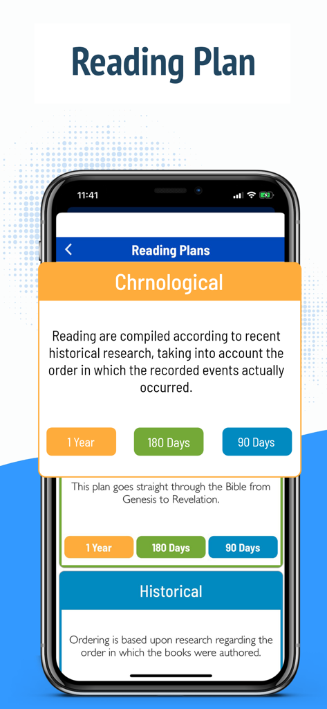 NASB Bible - NAS Holy Version - NASB聖書アプリのモバイル画面。年代記順や歴史順など、さまざまな読書プランオプションが表示されています。