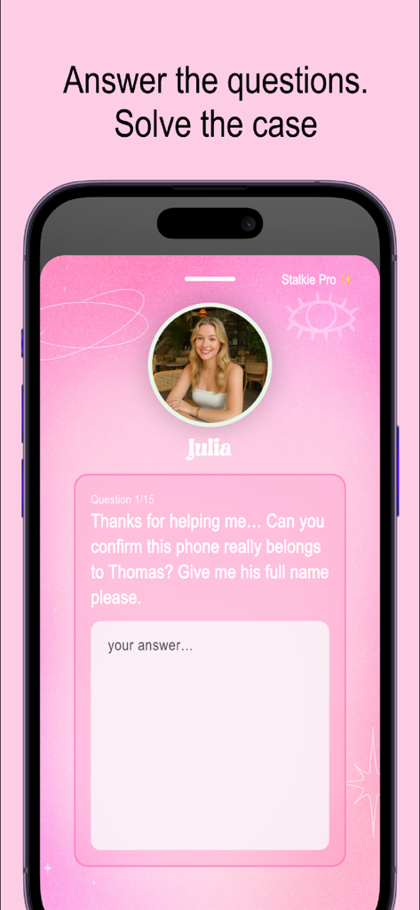 Interfaz de un juego de detective en la pantalla de un smartphone que muestra el perfil de un personaje y una pregunta de misterio para resolver el caso