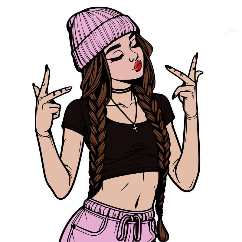 realistic teenage girl with braids and a beanie and crop top doing 🫶🏼