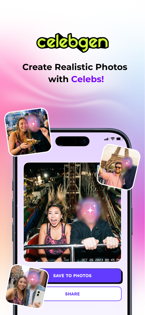 CelebGen: Selfies with Celebs - Screenshot der CelebGen App-Oberfläche mit KI-generierten Fotos eines Nutzers mit Berühmtheiten