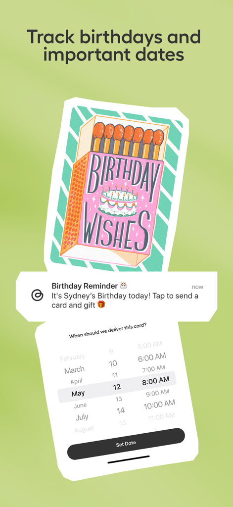Givingli: Send Gifts & Cards - Givingli app interface showing a birthday reminder notification and a date picker to schedule a digital greeting card