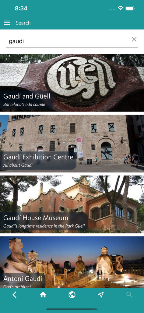 Barcelona Art & Culture - Search results for Gaudi in the Barcelona Art and Culture mobile app showing landmarks and museums