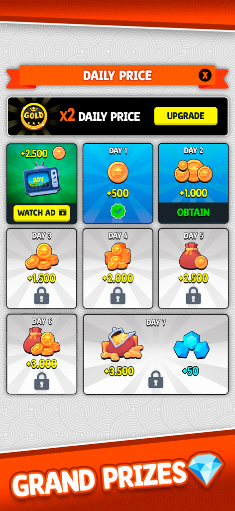 Chess Plus - Board Game - Bildschirm mit Tagespreisen in der Chess Plus App, der Anmeldebelohnungen für sieben aufeinanderfolgende Tage anzeigt, einschließlich Münzen und Edelsteinen