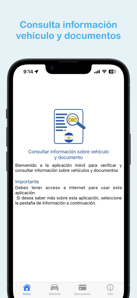 Schermata principale dell'app di consultazione di informazioni su veicoli e documenti per i madrelingua spagnoli.