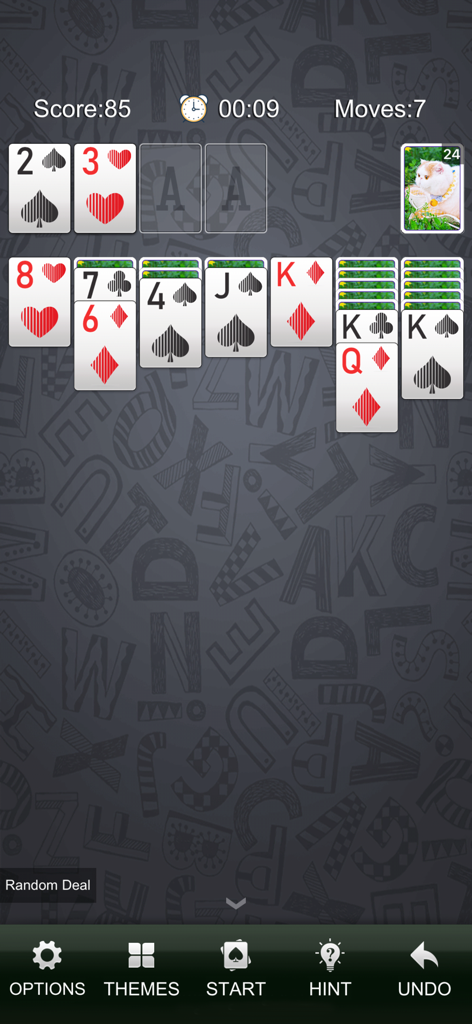 Solitaire - Klondike Games - Pantalla del juego Klondike Solitario mostrando cartas grandes y estadísticas de jugabilidad.