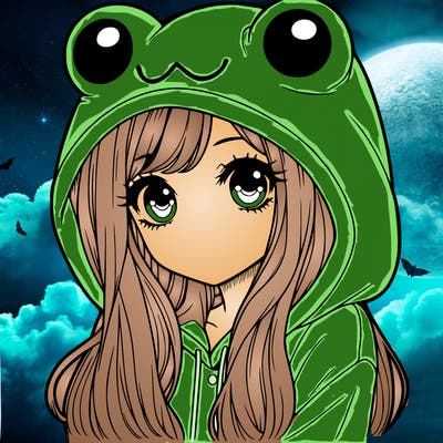 a pretty girl wearing a frog hoodie portrait with long hair