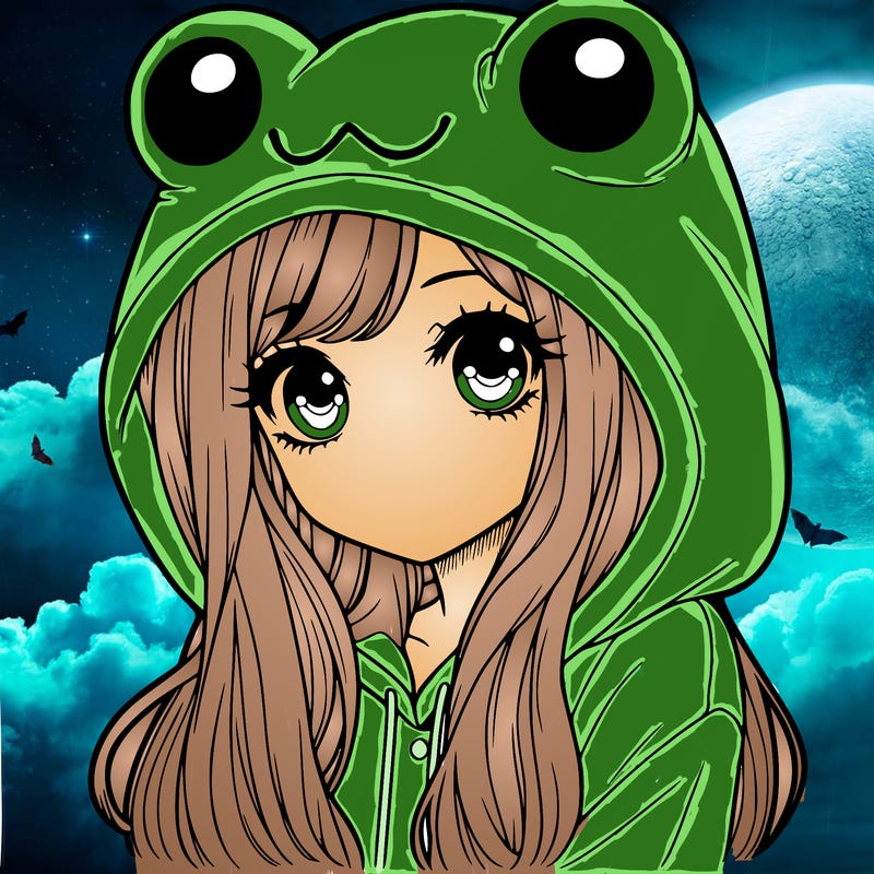 a pretty girl wearing a frog hoodie portrait with long hair