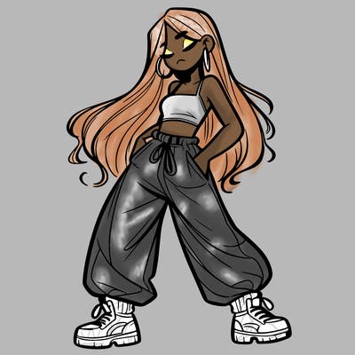 girl in baggy pants crop top and long hair