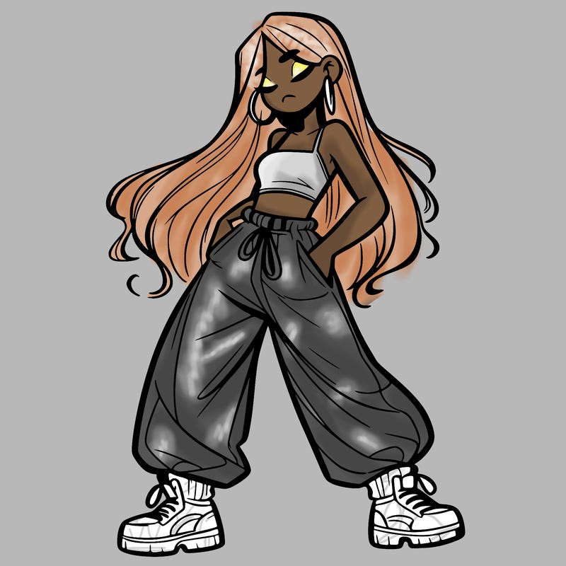 girl in baggy pants crop top and long hair
