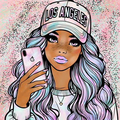 realistic beautiful girl wearing los ángeles cap holding an iphone