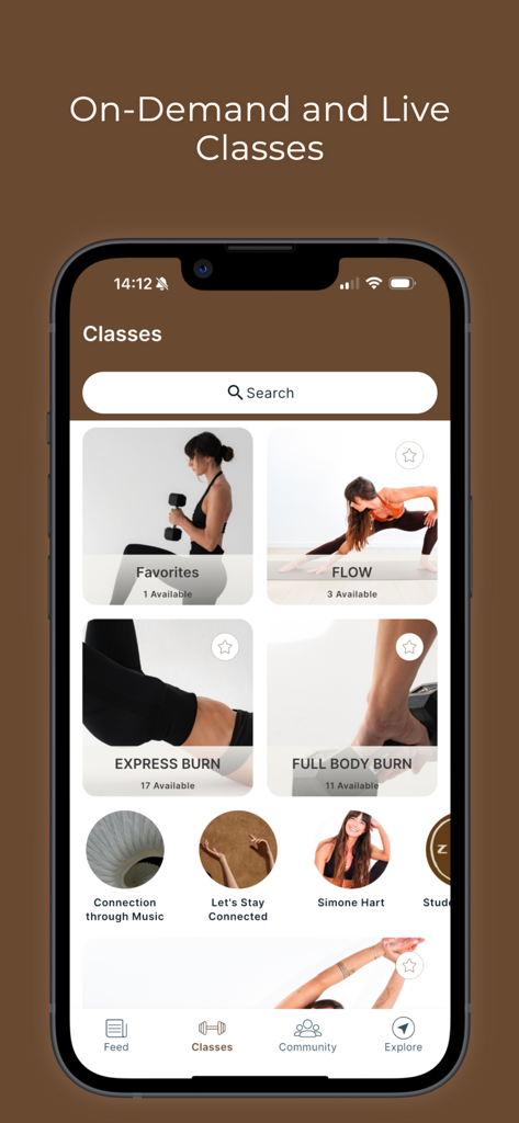 Capture d'écran de l'application BURN BY SIMONE affichant une bibliothèque de cours de fitness de yoga rythmique et de danse sur un appareil mobile.