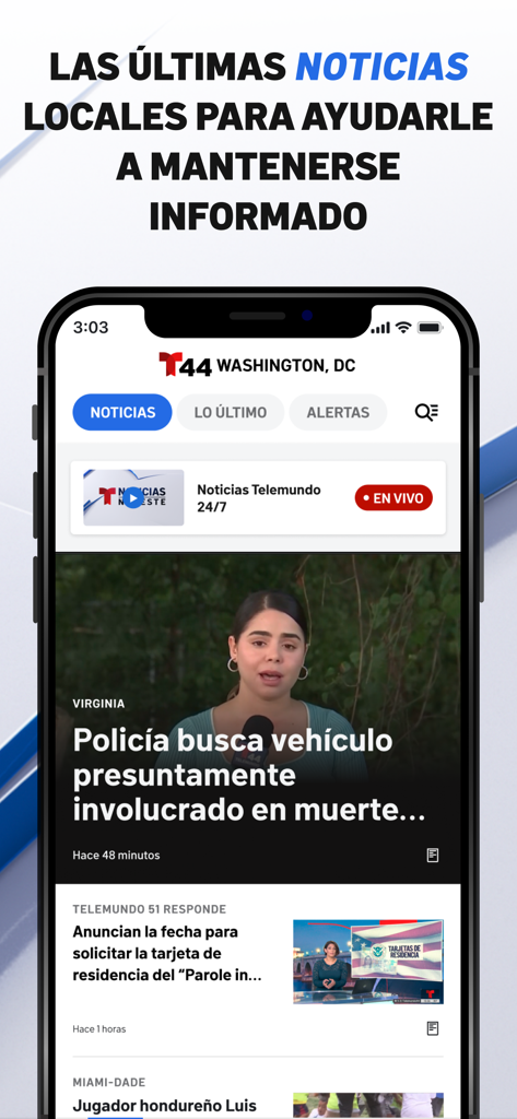 Telemundo 44 Washington - The main news interface of the Telemundo 44 Washington app showing local headlines and live streaming in Spanish