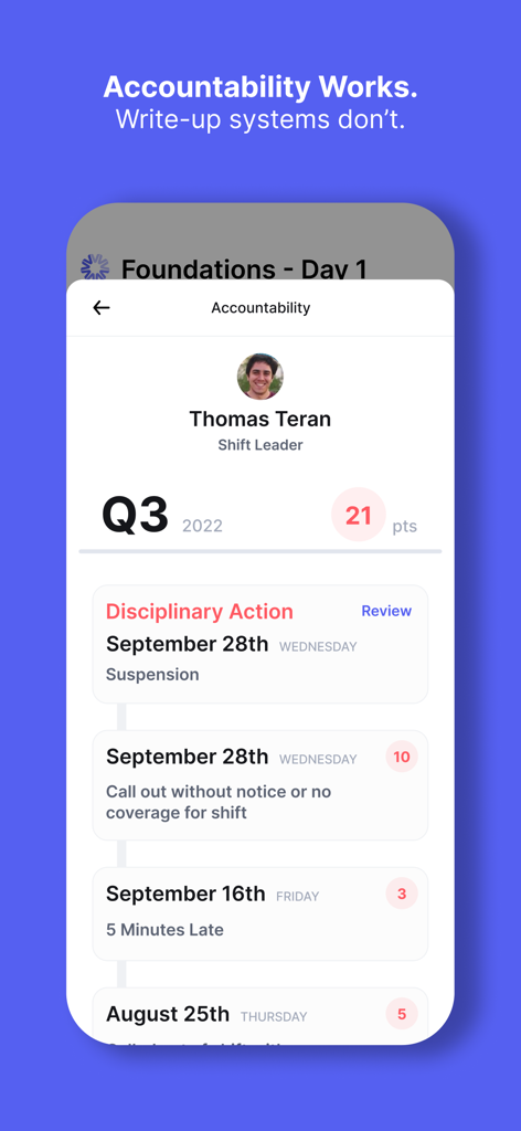 VSBL app interface showing an employee accountability profile with performance points and disciplinary action history