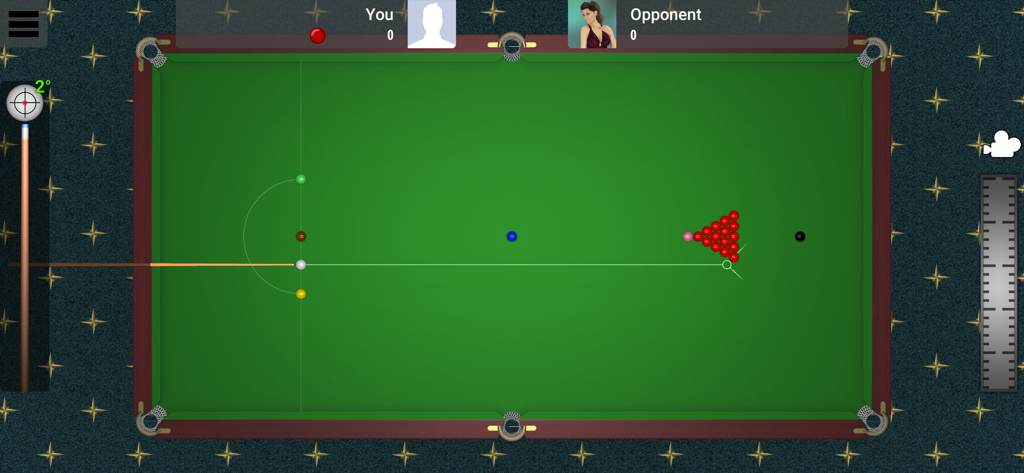 Pool Online - 8 Ball, 9 Ball - Perspectiva cenital de la configuración de una partida de snooker en una mesa verde con elementos de interfaz de usuario